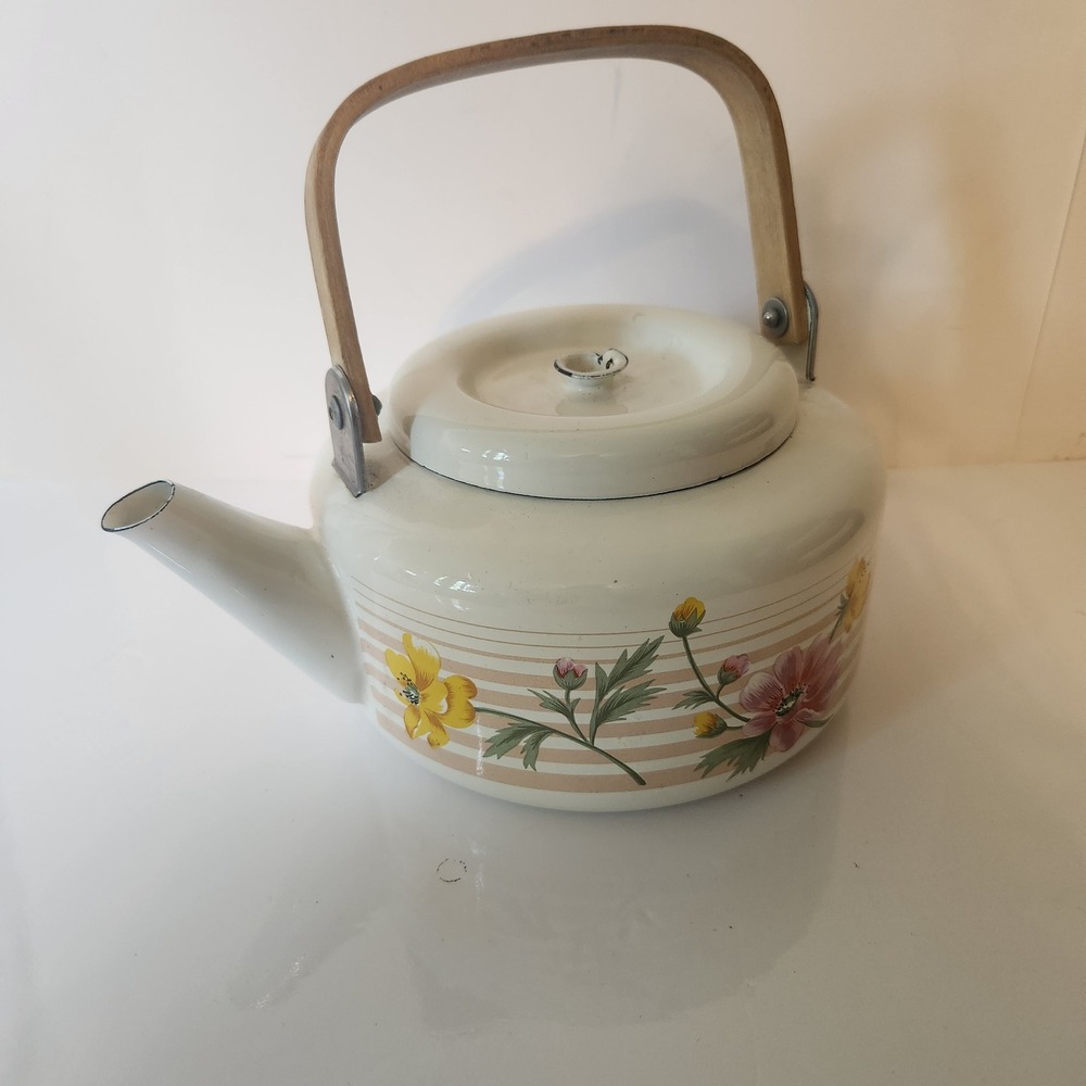 Vintageโ Floral Enamel Tea Kettle Cream Pink Yellow Flowers Bentwood Handle